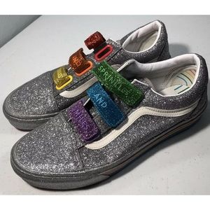New VANS Old Skool V FLOUR SHOP Silver Rainbow Glitter PRIDE Sneakers Shoes 9.5